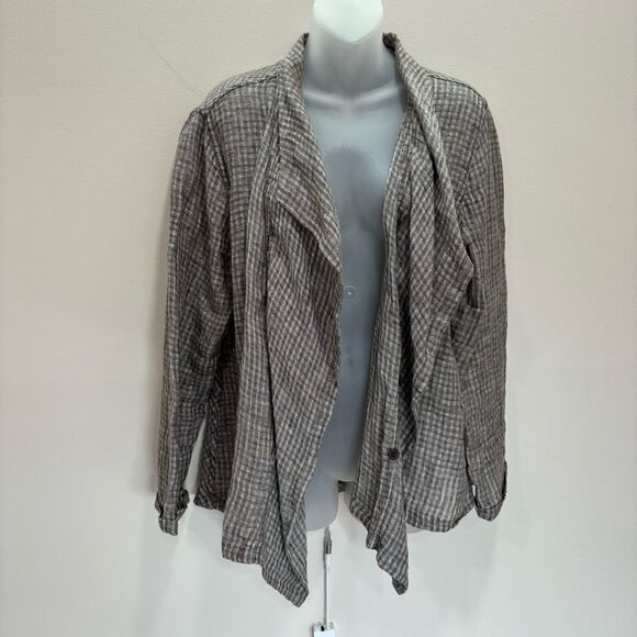 Flax Checkered Linen Long Sleeve Wrap Around Boho Lagenlook Cardigan small tan - Picture 5 of 6